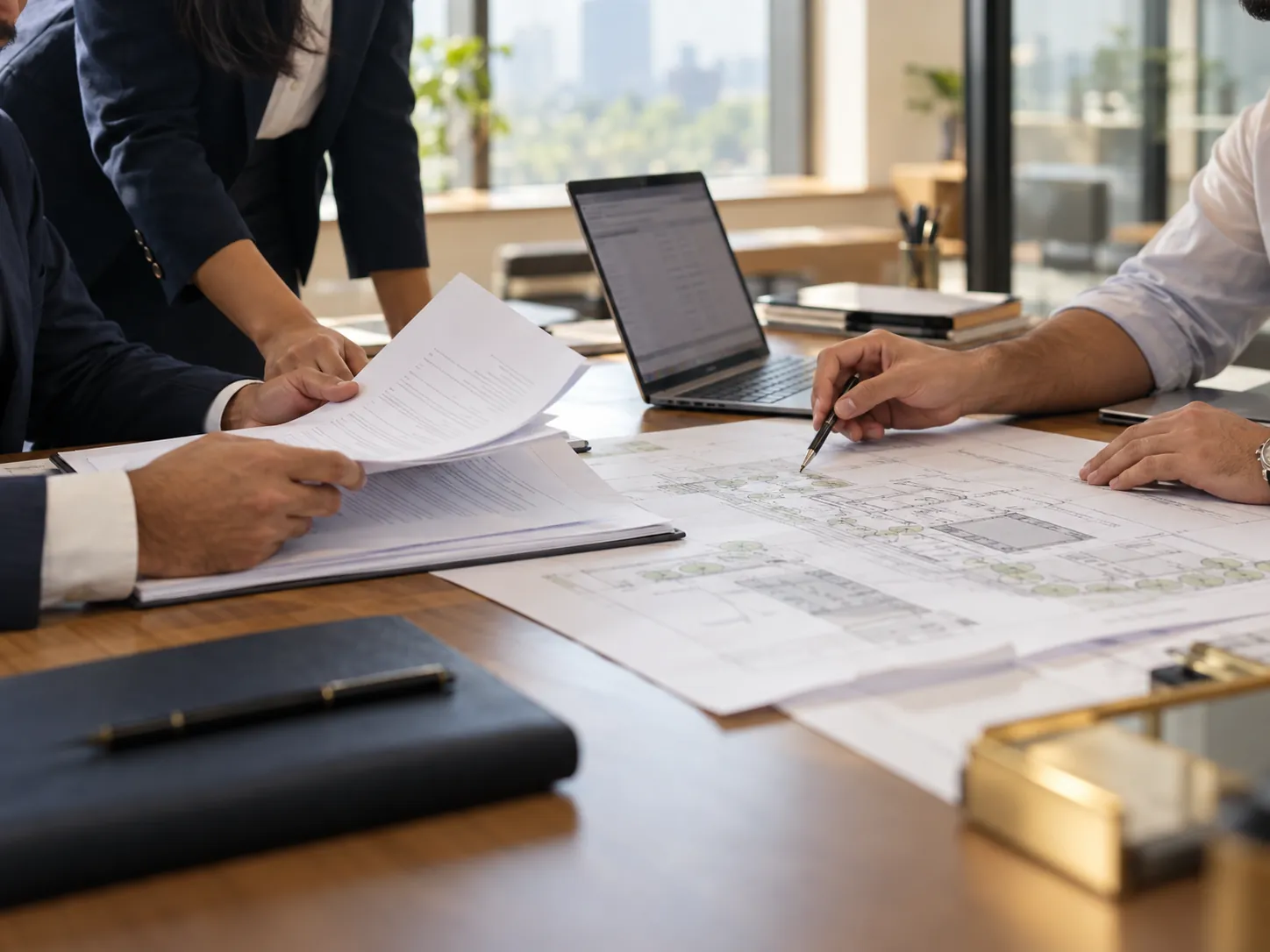Members of the team working through documents and plans at an office table